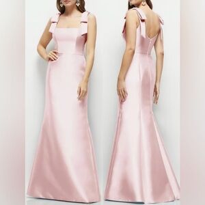 NWOT ALFRED SUNG ballet pink Bow Strap Satin Twill Trumpet Gown Sz 10